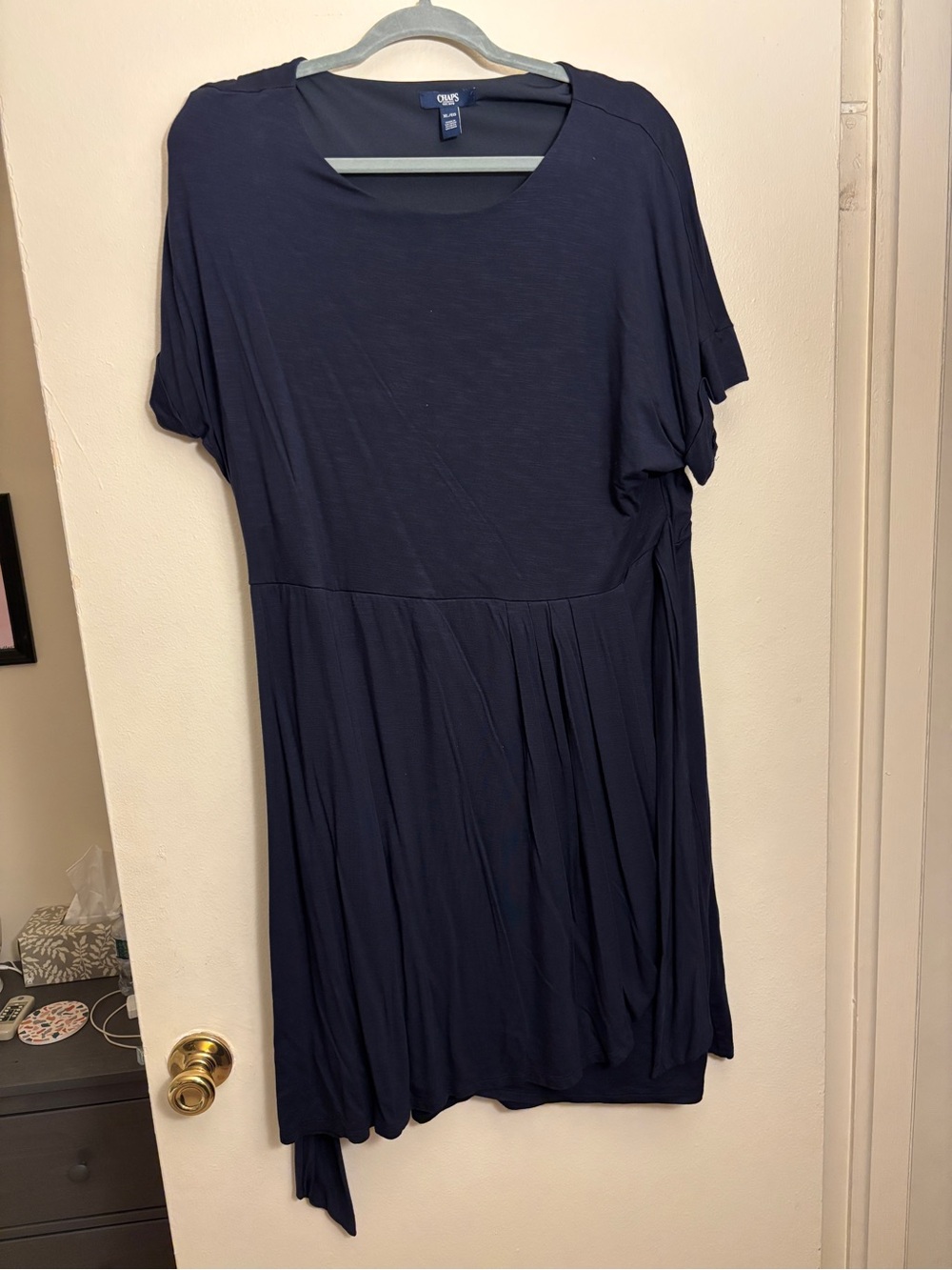 Chaps Navy Short Sleeve Pleated Wrap Dress